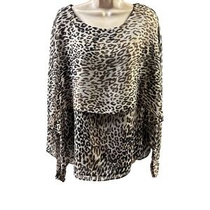 DKNY Size L Womens Metallic Leopard Print Sheer Overlay Tunic Blouse Long Sleeve